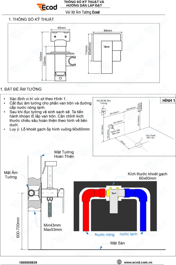 Xịt vệ sinh nóng lạnh âm tường EX101